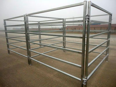 Square tube corral panel fences stand on the ground. The panels with square frame and six square tubes.