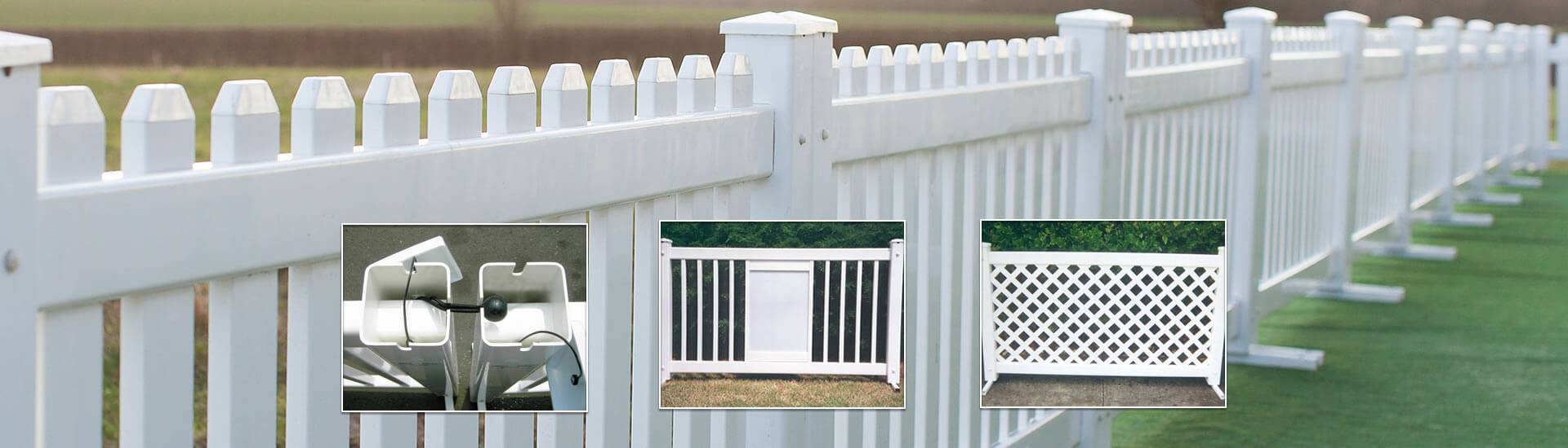 A white event fencing with three details of structure.
