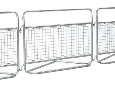 Three welded police barrier panels interlock one another, they all have triangular base.